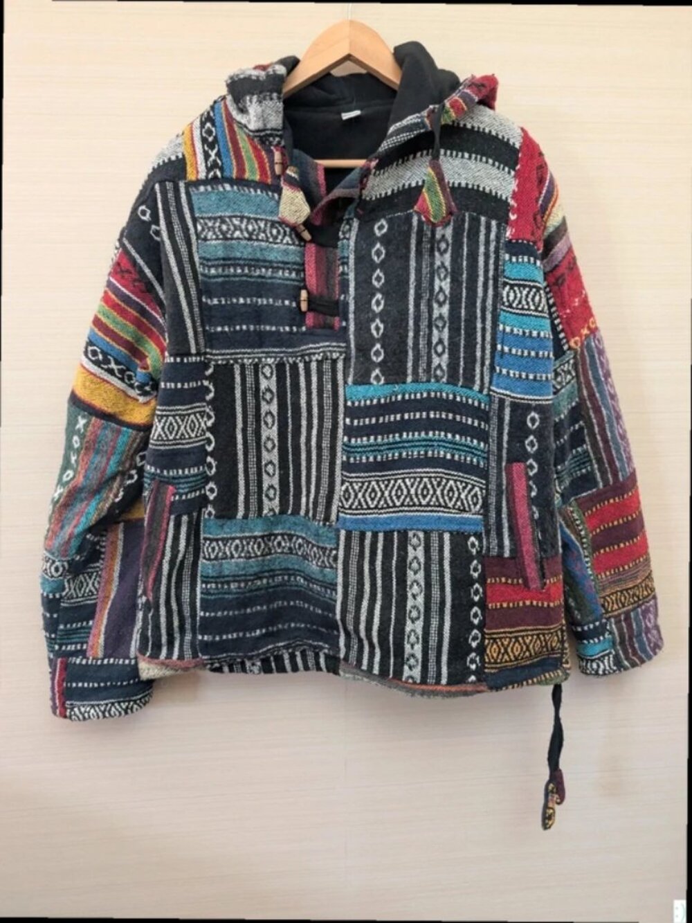 Vintage Festival Baja Hoodie Patchwork Woven Hippie Surf Jacket Oversized UK Siz